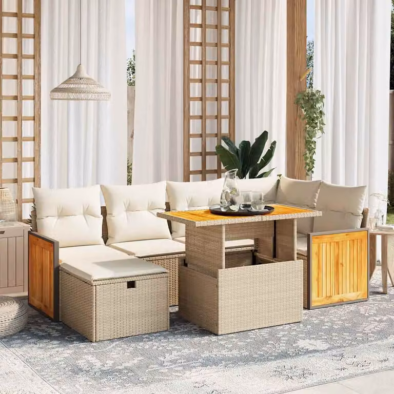 vidaXL Set Divani da Giardino 7 pz in Polyrattan con Cuscini Beige e Tavolino da Esterno
