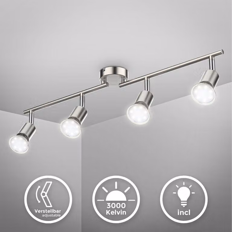 B.K.Licht Faretti LED da soffitto orientabili, include 4 lampadine GU10 da 2,9W 260Lm, luce calda 3000K, plafoniera moderna in metallo, lampada da soffitto color nickel opaco