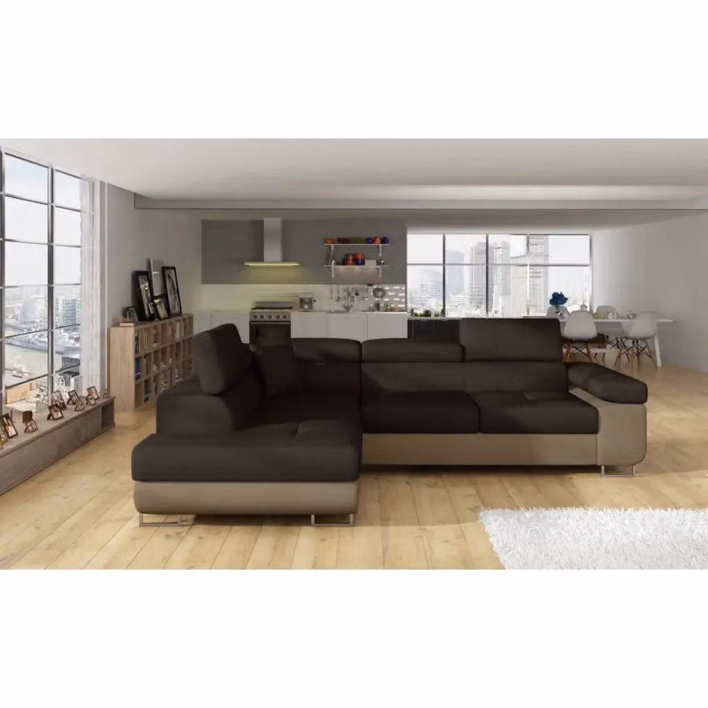 Divano angolare trasformabile MENTON MEUBLORAMA beige e marrone in tessuto bouclé con angolo sinistro, contenitore e funzione letto per il tuo soggiorno L/P/H: 272 x 145 x 85 cm – 2