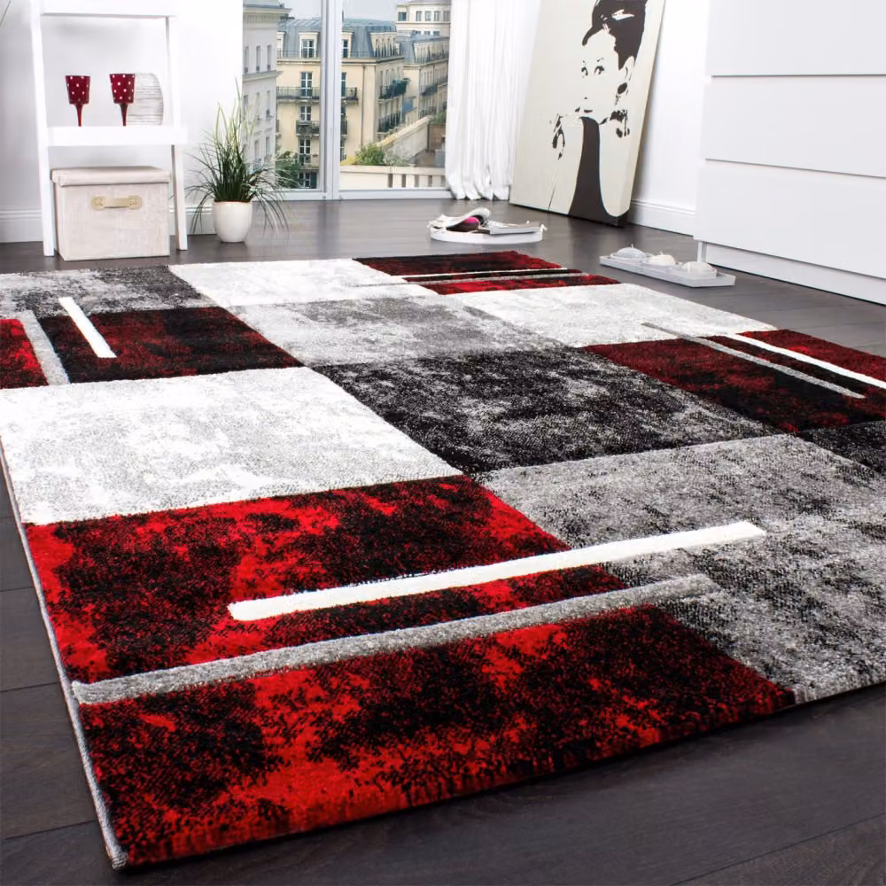 Tappeto moderno Diamora con effetto alto-basso, motivo geometrico, multicolore rosso, nero, grigio e bianco, L: 80 cm, P: 300 cm – 2