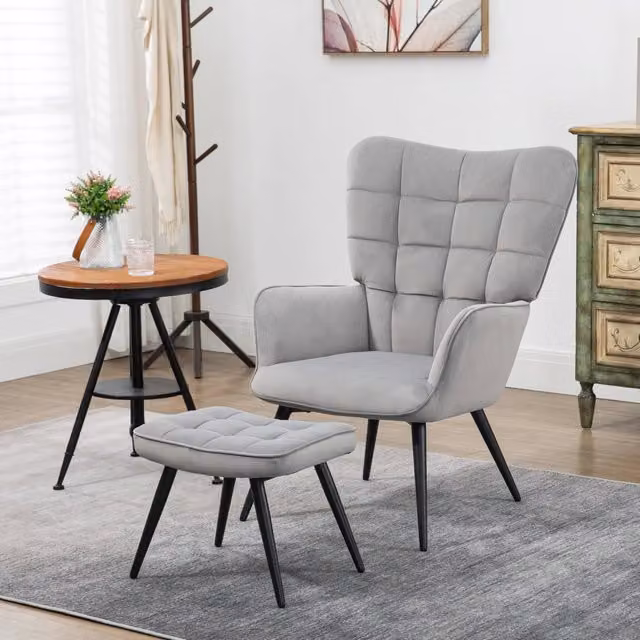 Set relax WISHDOR composto da poltrona con pouf in velluto grigio chiaro e struttura in metallo per soggiorno o ufficio