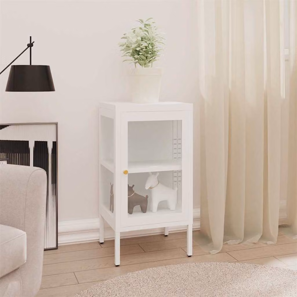 Credenza vidaXL in metallo e vetro bianco con ante in vetro e ripiani interni L/P/H: 38 x 35 x 70 cm