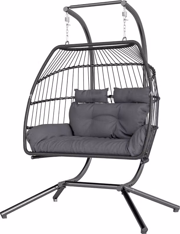 Sedia a dondolo sospesa Moonbite per 2 persone, con struttura, realizzata in rattan sintetico, con cuscini da 10 cm, pieghevole, capacità di carico di 260 kg, ideale per balconi e giardini, colore grigio scuro