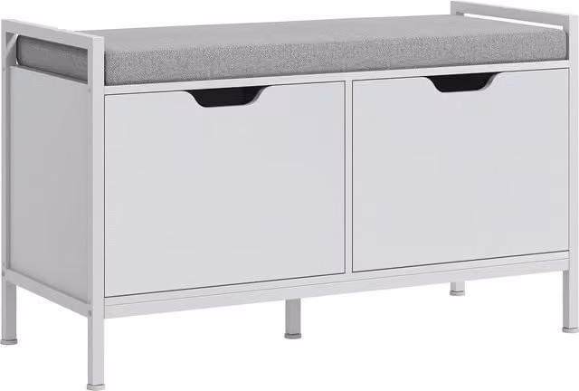 Panca Scarpiera con 2 Armadietti e Cuscino HOMCOM, in Tessuto Effetto Lino, Legno e Metallo, L: 84 cm, P: 35 cm, H: 50 cm, Bianco e Grigio