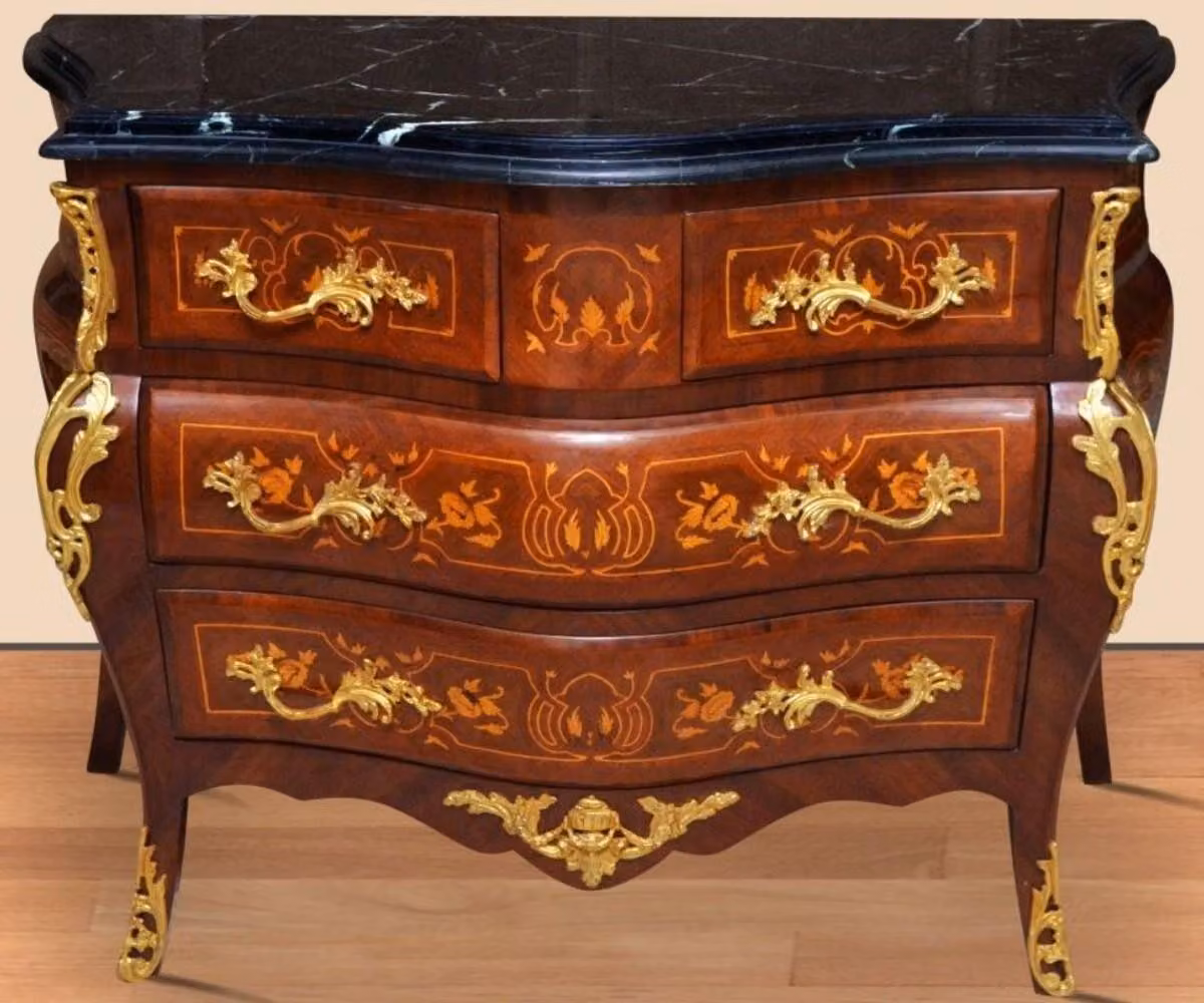 Casa Padrino Cassettiera barocca marrone / oro / nero 120 x 50 x h. 85 cm - Cassettiera artigianale in legno massiccio con 4 cassetti e piano in marmo - Mobili barocchi
