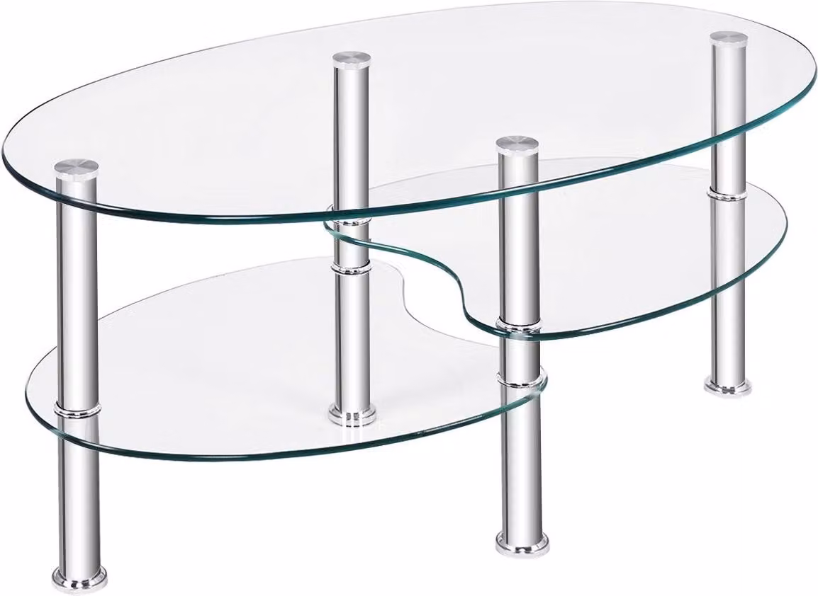 Tavolo in vetro a 3 livelli con ripiano trasparente a tre livelli dal design moderno ovale