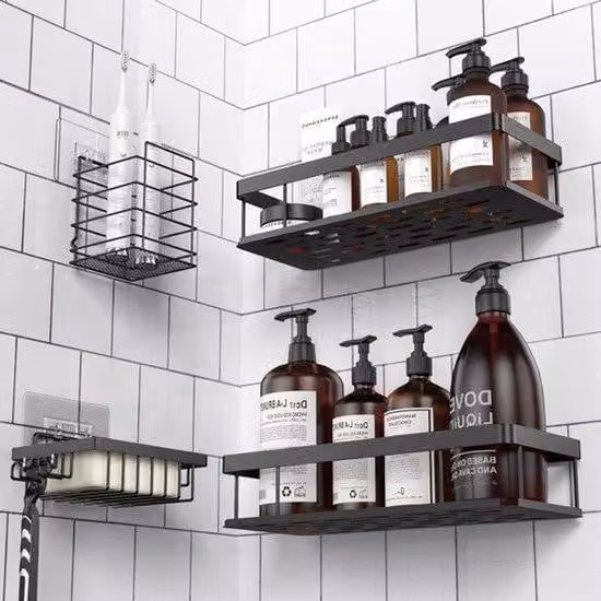 Portasapone da doccia senza forature - Organizer da bagno a parete per la cucina - Nero (con portasapone e portaspazzolini)