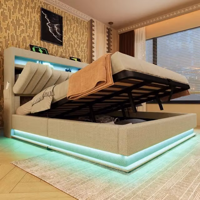 Letto contenitore Mivray beige con illuminazione LED, porte USB e Type-C, testiera con ripiani e rete a doghe, L/P/H: 140 x 200 x 112 cm