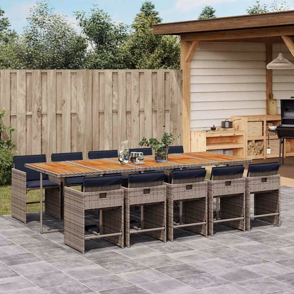 Set da pranzo da giardino vidaXL in polyrattan e legno di acacia con 11 pezzi e cuscini, colore grigio