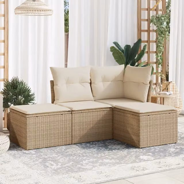 Set Divano da Giardino 4 pz con Cuscini-Sofa da Giardino-Divanetto da esterno Beige in Polyrattan 963857
