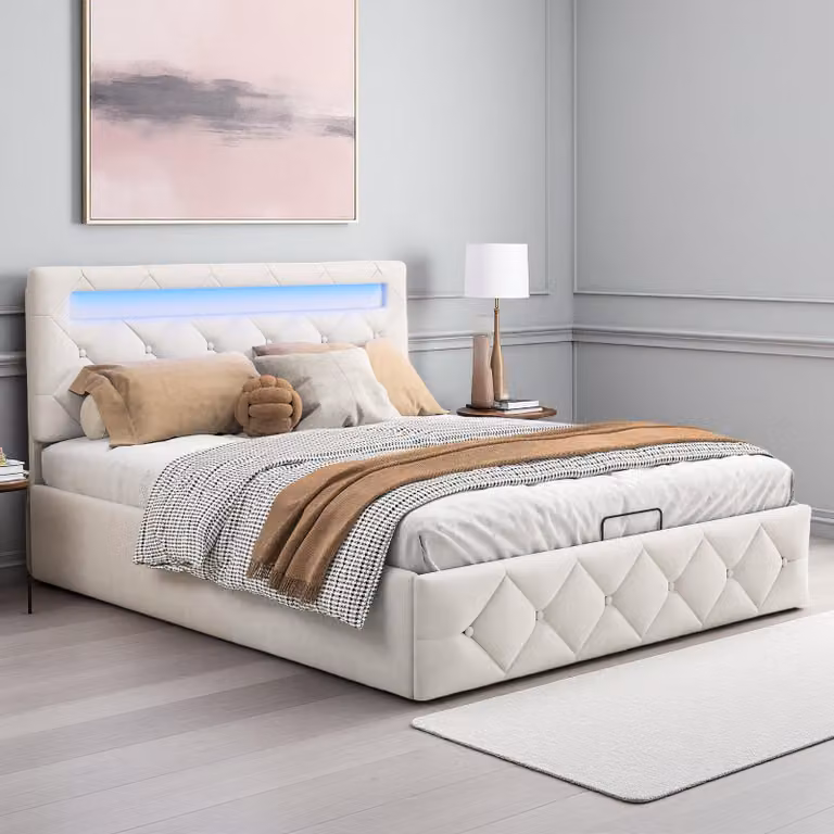 ProximaX Letto imbottito moderno 140x200 cm in albicocca con illuminazione a LED, porta di ricarica USB e alzata a gas - letto matrimoniale con ampio spazio di contenimento sotto la base del materasso e testata in tessuto imbottito