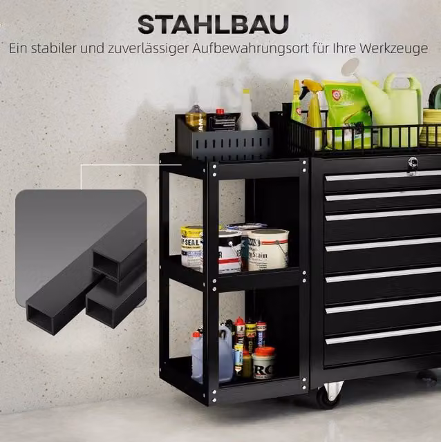 Carrello portautensili nero con 7 cassetti e ripiano removibile in acciaio e plastica con ruote e serratura L/P/H: 120 x 68 x 39,5 cm – 1