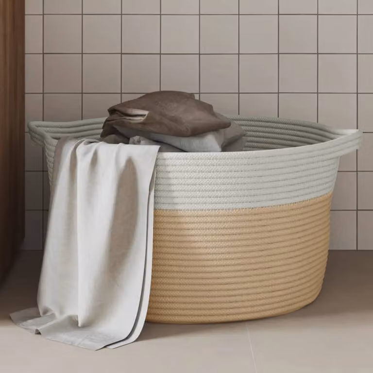 Cestino portaoggetti vidaXL in tessuto multicolore beige e bianco con maniglie e trama aperta, Ø40 x H25 cm