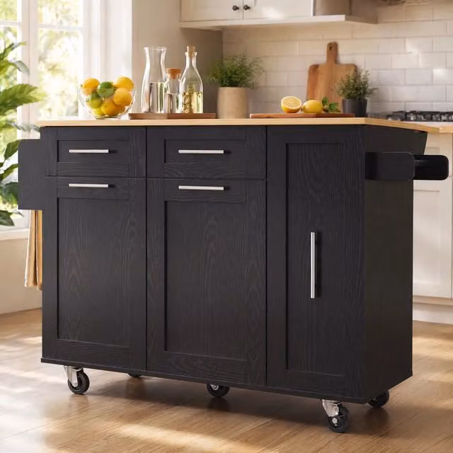 Isola da cucina multifunzione con piano pieghevole, nera
