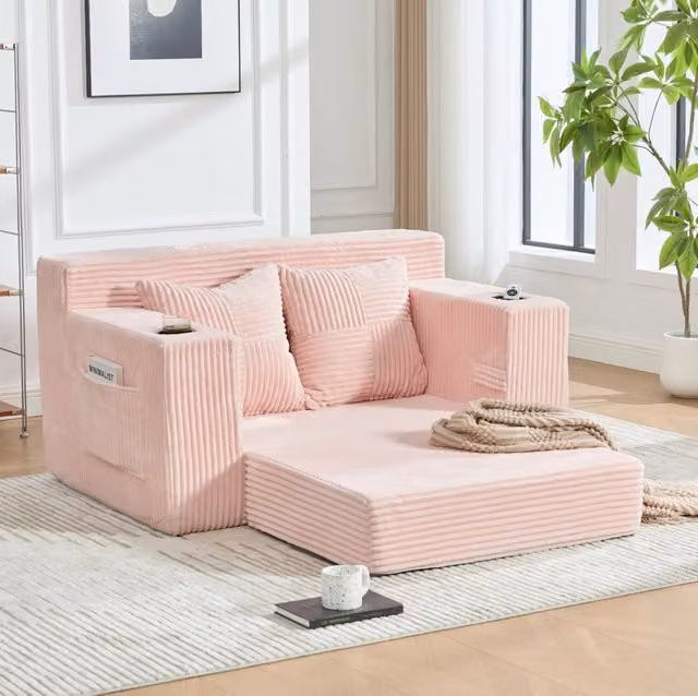 Pouf divano moderno in velluto a coste rosa 151x133x64 cm con tasche laterali