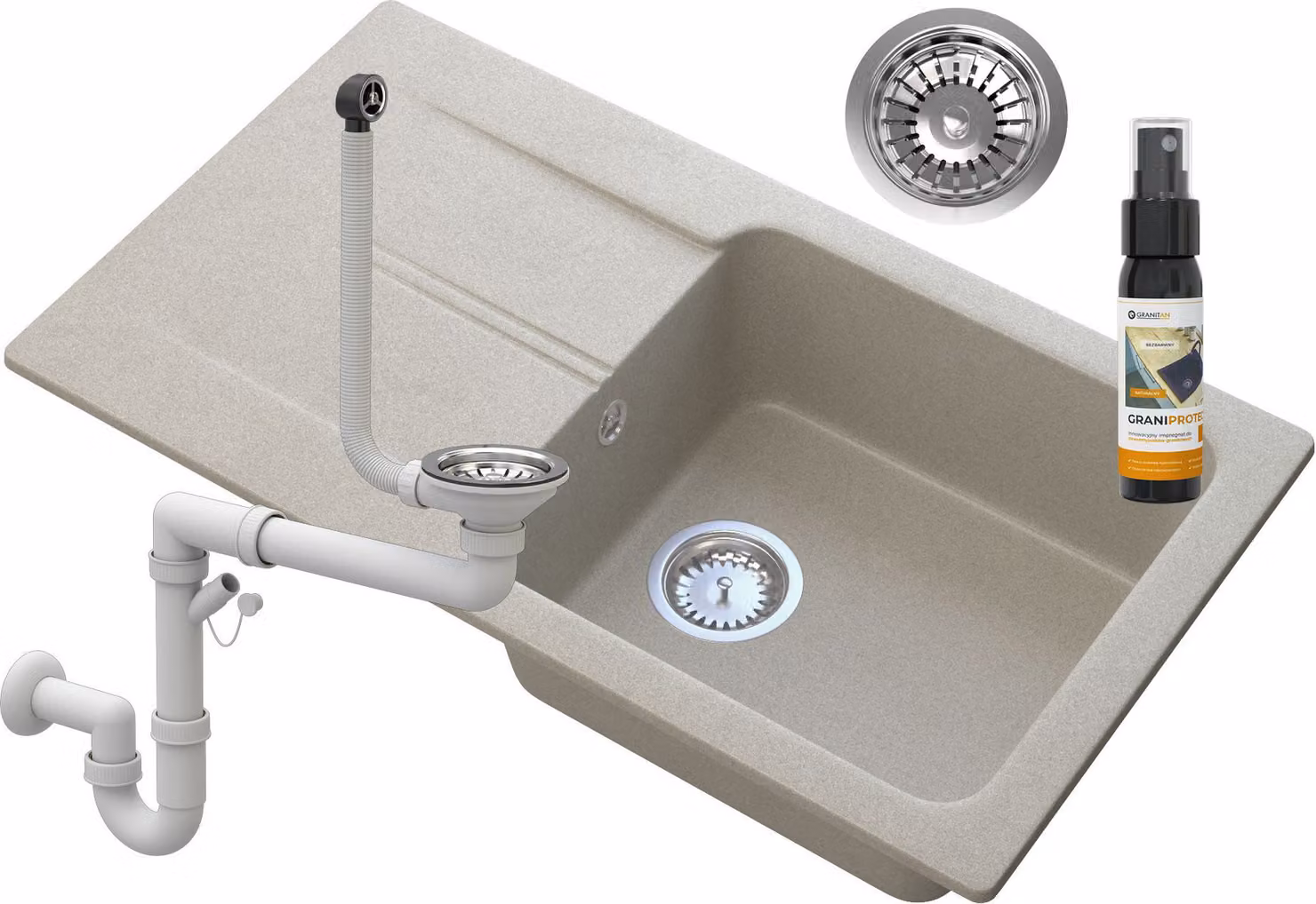 Granitan - Lavello in granito - Lavello da cucina - 78x44x16 cm - Beige - con sifone e scolapiatti - Lavello - TASOS