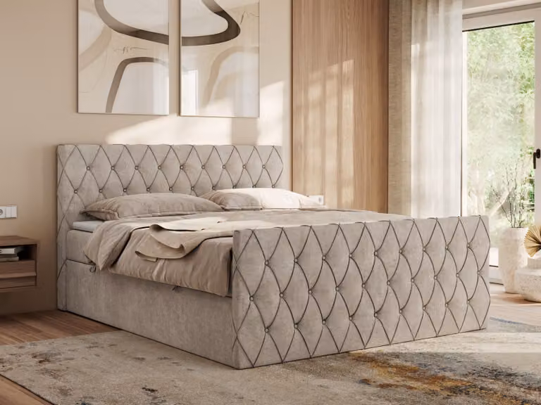 Letto boxspring MKS MEBLE 180x200 con contenitore, letto 180x200 con materasso H3, letto boxspring 180x200 con topper - Miren Duo - Beige Strukture - H3