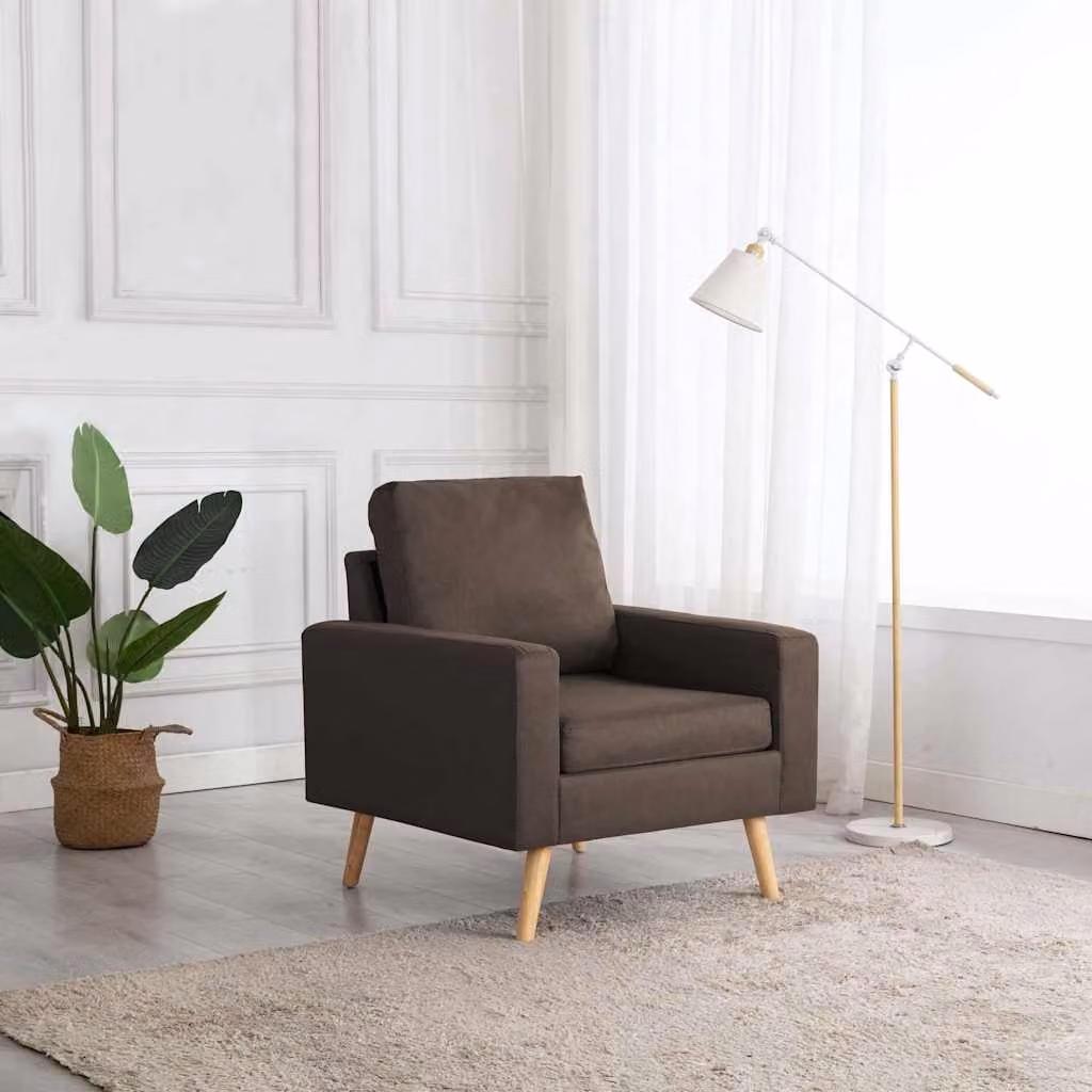Poltrona moderna vidaXL in tessuto marrone con struttura in legno e braccioli