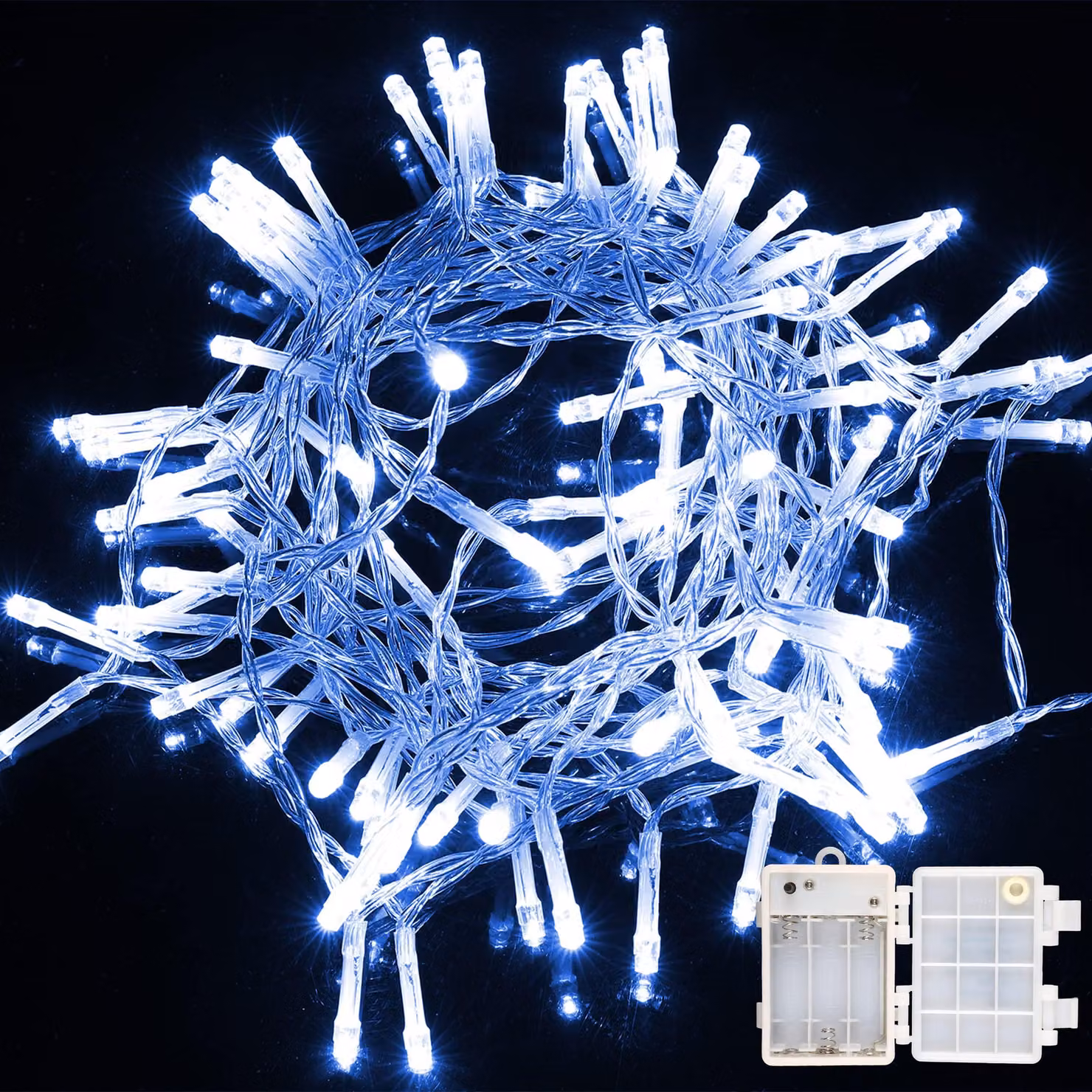 Catena luminosa a LED, 50 LED, lunghezza 4 metri, alimentazione a batteria, grado di protezione IP44, 8 modalità, colore blu