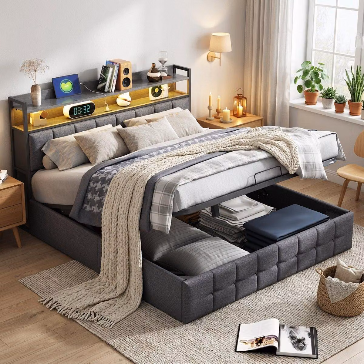 Letto imbottito INONEFT, modello boxspring, 140x200 cm, con luci LED e caricabatterie USB, letto a una piazza o a due piazze con rete a doghe e spazio contenitore ad apertura idraulica, rivestito in lino, colore grigio
