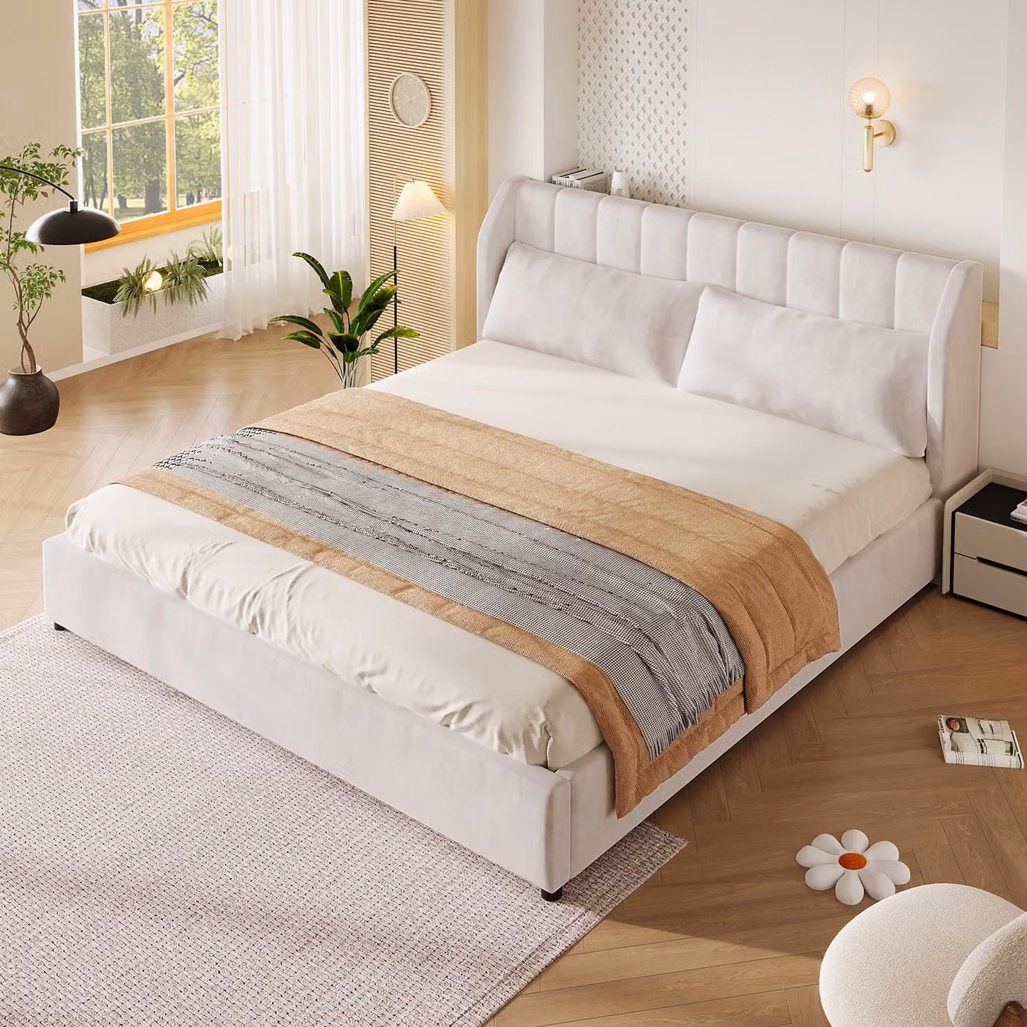 Letto imbottito okwish 180x200 con materasso e 2 cuscini decorativi, letto per giovani con testiera imbottita e rete a doghe, letto matrimoniale color beige