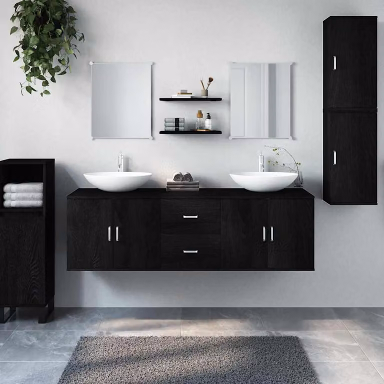 Set di mobili da bagno moderno vidaXL in legno multistrato nero composto da 7 pezzi con vanità e pensili a muro