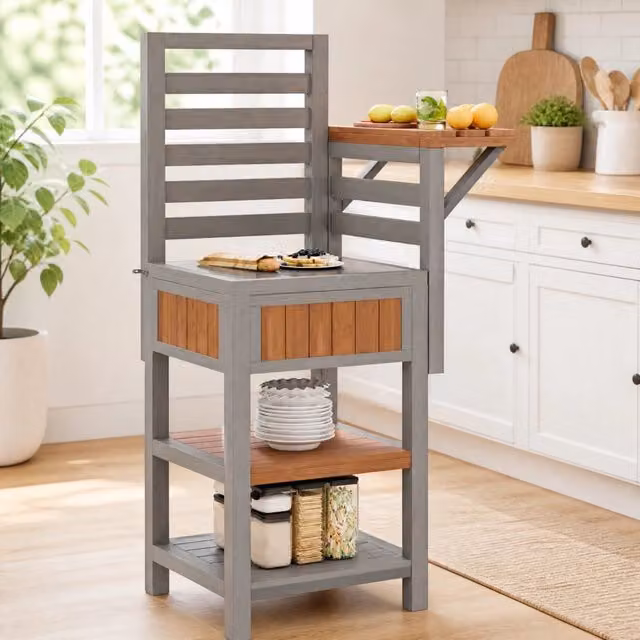 Mobile da esterno MODFU in legno e metallo con piano in acciaio inox e doppio ripiano, marrone e grigio, L: 74 cm, P: 54 cm, H: 149 cm – 1