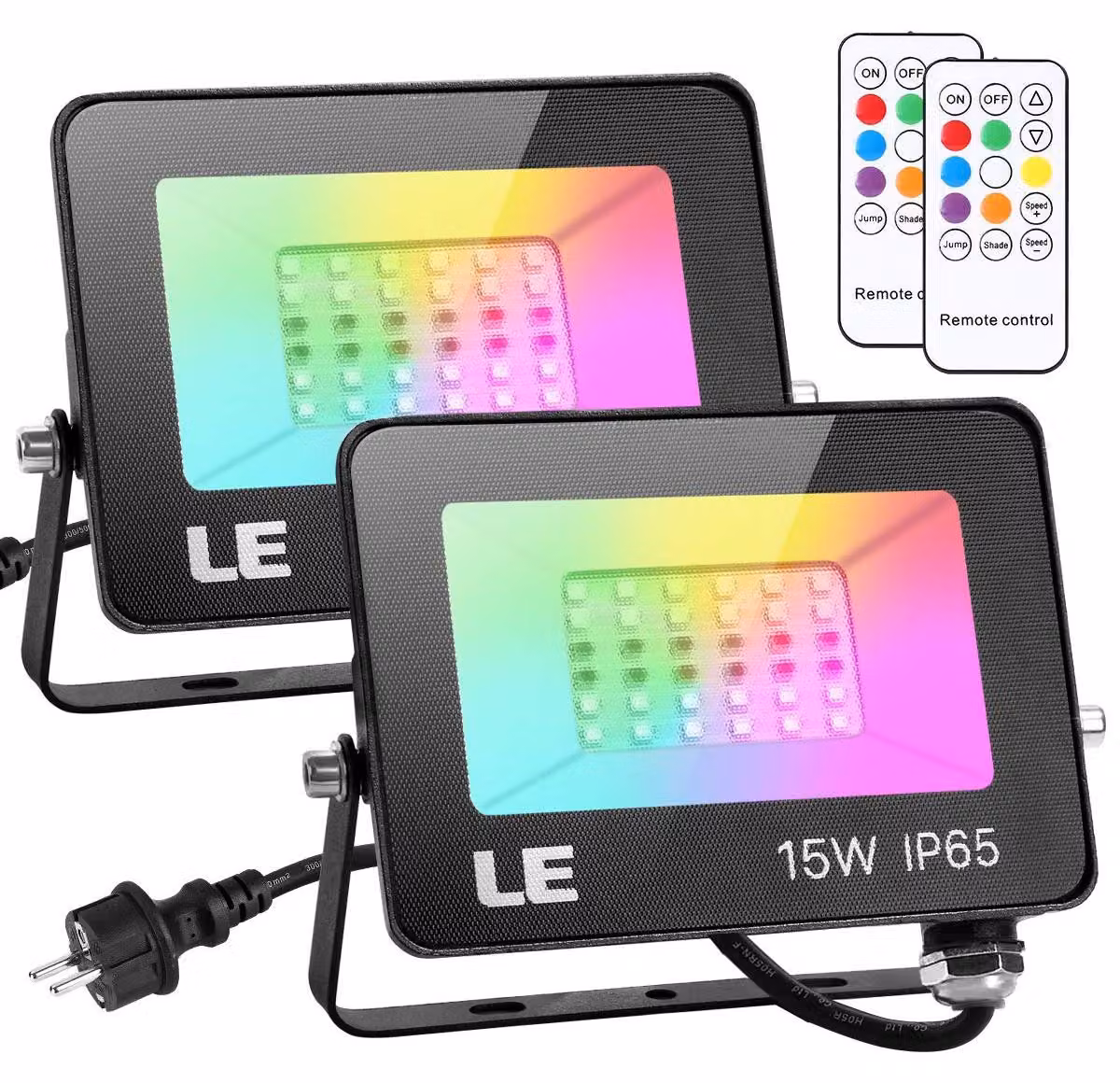 Set di 2 faretti LED da 15W RGB, grado di protezione IP65, dimmerabili, con cambio colore e controllo remoto