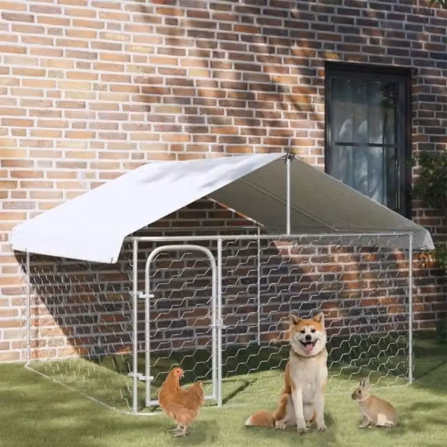 Gabbia per cani da esterno vidaXL con tetto impermeabile in metallo, colore argento e bianco, L 200 x P 200 x H 150 cm