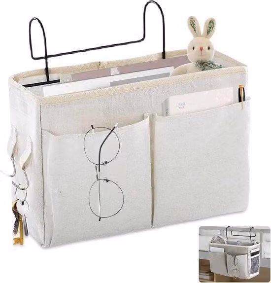 Portaoggetti da letto con struttura in metallo, organizer, ganci, ripiano per riviste e cellulare, nero