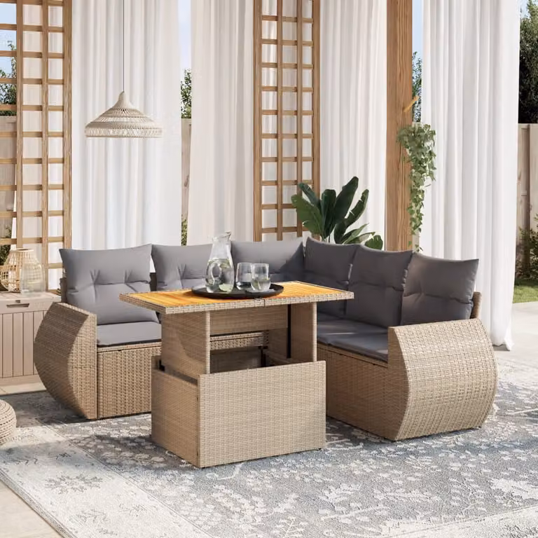 Set Divano da Giardino vidaXL 6 pz a L con Cuscini Beige in Polyrattan e Legno di Acacia
