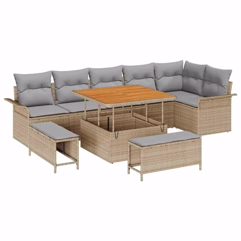 vidaXL Set Divano da Giardino a L con 9 Pezzi, Beige e Grigio, con Tavolino e Cuscini – 2