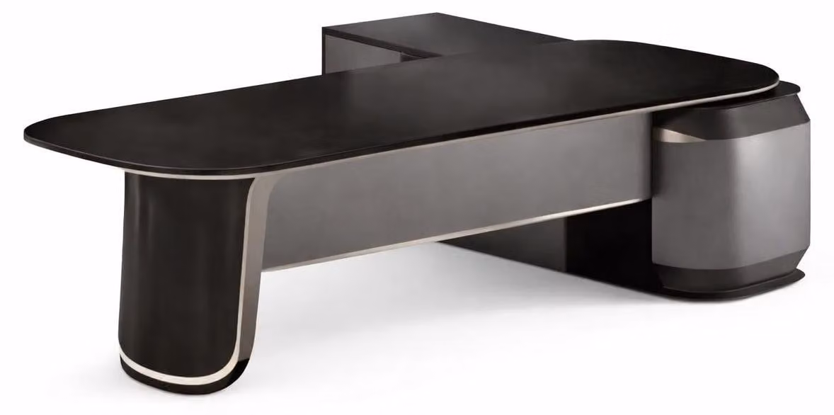 Scrivania da ufficio moderna, nera, con design arrotondato e piano di appoggio