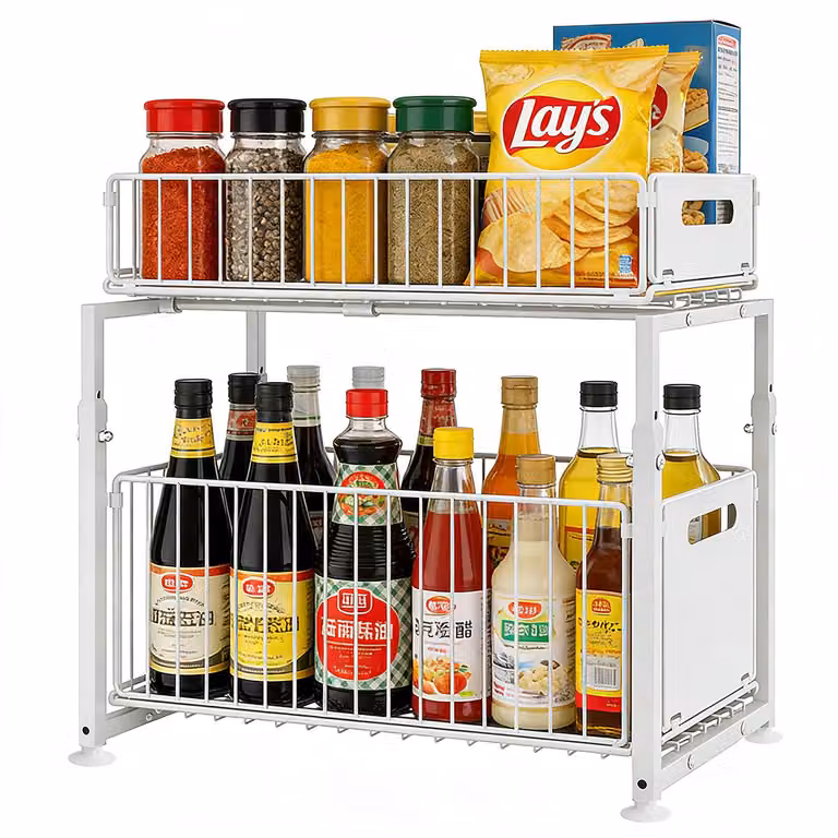 Ripiani da cucina per mobili base, organizer da cucina in metallo a 2 livelli, ripiano portaoggetti sotto il lavello per cucina, bagno e dispensa