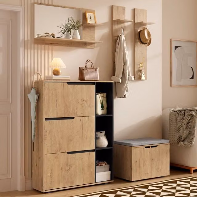 Set guardaroba ingresso 150x35x161.5 cm con specchio e scarpiera in truciolato naturale e nero