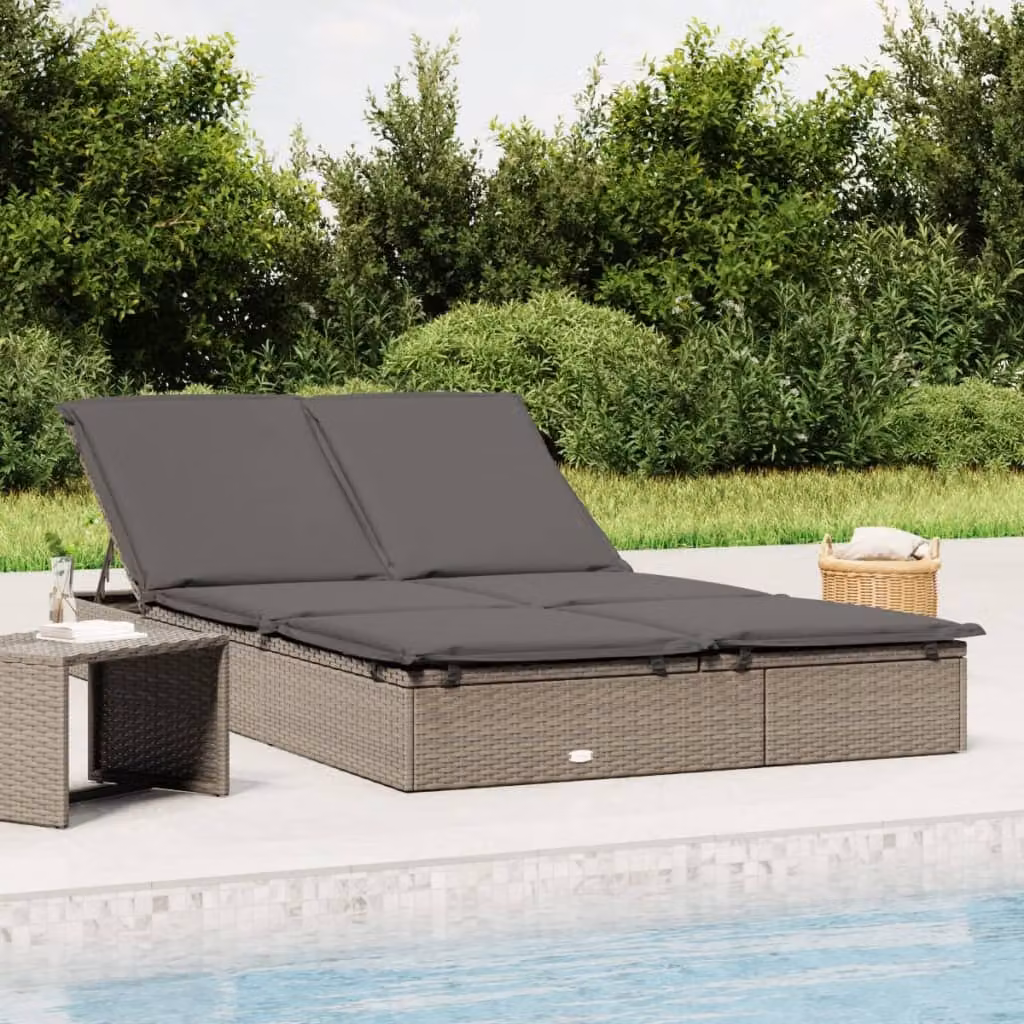 vidaXL Lettino Prendisole per 2 Persone in Polyrattan Grigio con Cuscini Impermeabili e Poggiatesta Regolabile