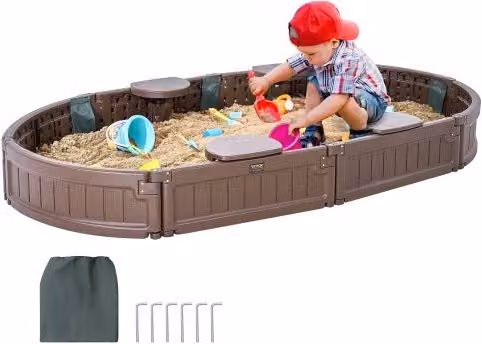 Sabbiera ovale con coperchio VEVOR in HDPE marrone con 4 posti a sedere ad angolo e rivestimento del fondo, L: 183 cm, P: 105,5 cm, H: 23 cm