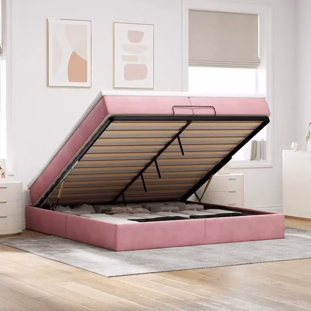 Letto con contenitore a sollevamento vidaXL in velluto rosa e bianco L 200 x P 200 x H 28 cm – 1
