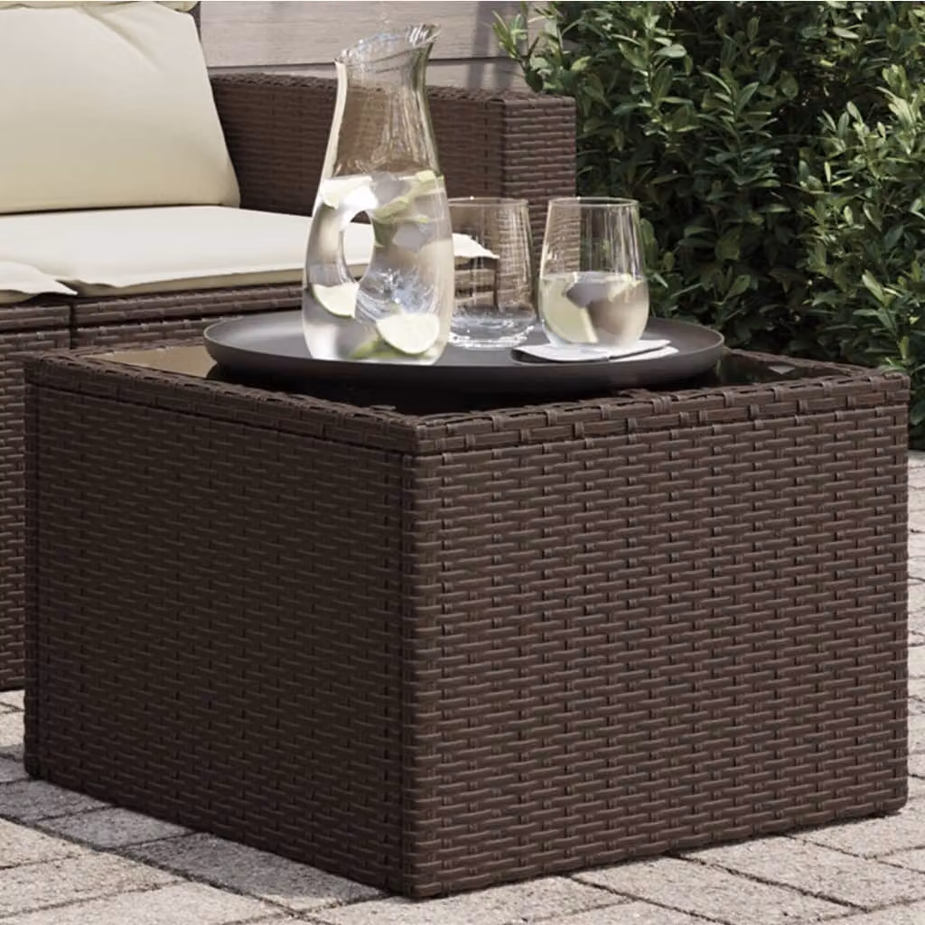 Tavolo da giardino moderno vidaXL in polyrattan marrone con piano in vetro L/P/H: 55 x 55 x 37 cm