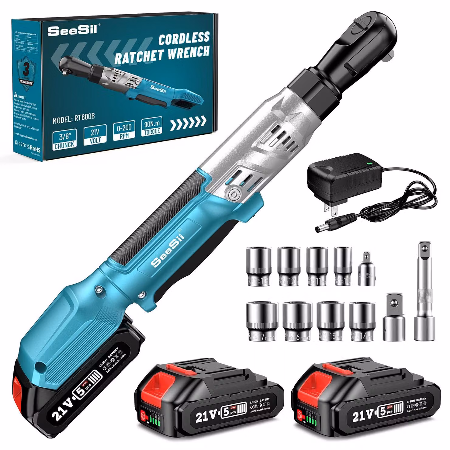 Chiave a bussola elettrica da 3/8 di pollice - Batteria da 21 V - Coppia di 90 N.m - Acciaio legato - Colore nero
