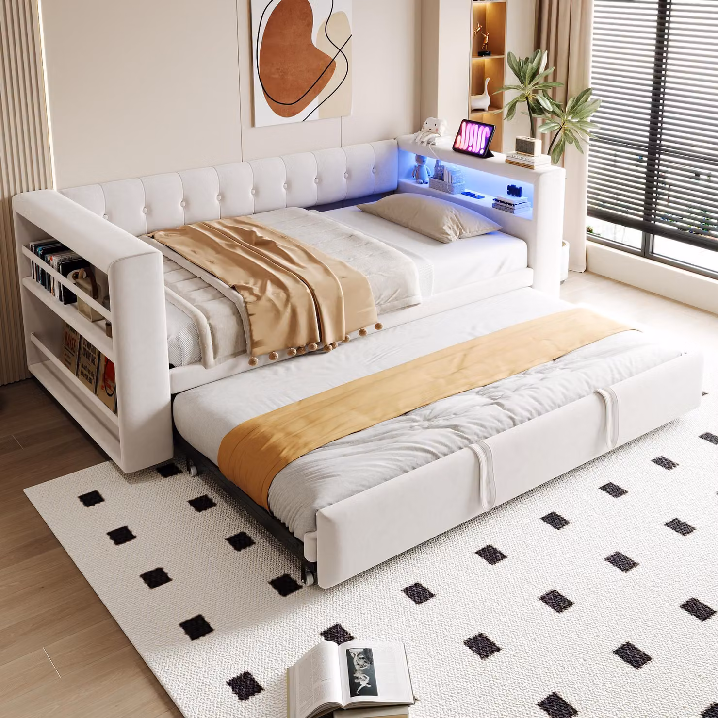Divano letto Fliek 90x190 cm/180x190 cm con presa elettrica, letto imbottito singolo con pelle e letto estraibile, divano letto con mensola, flanella, beige