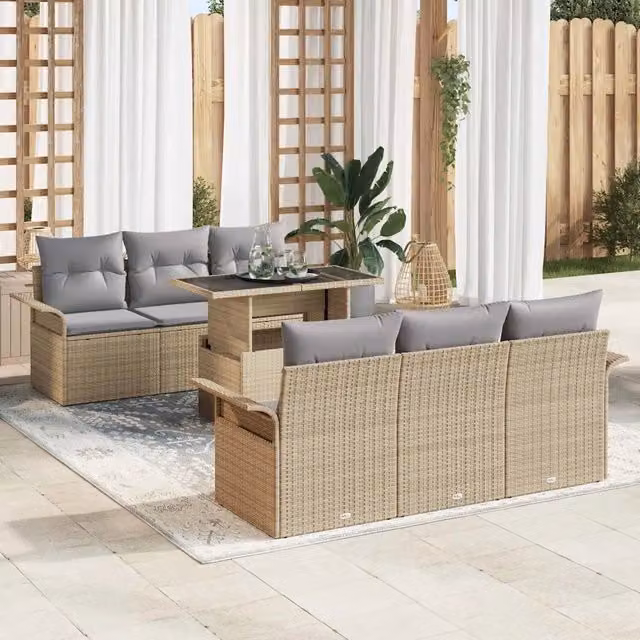Set da giardino moderno vidaXL composto da 7 pezzi in beige con struttura in acciaio verniciato a polvere e cuscini inclusi