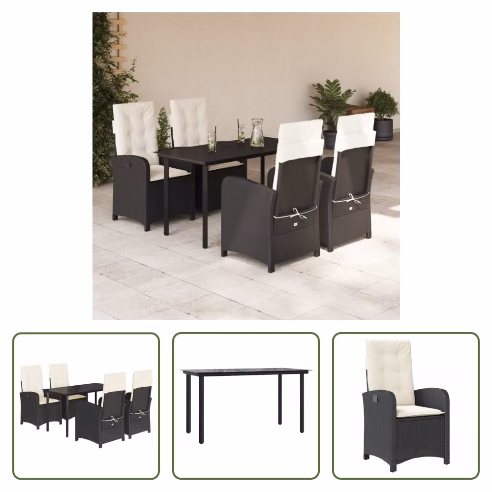 The Living Store Set da pranzo da giardino 5 pezzi con cuscini in poly rattan nero