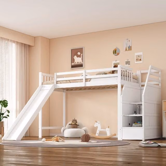 Letto a soppalco 90x200 cm con scivolo e scala portaoggetti in legno bianco