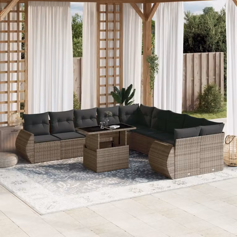 vidaXL Set Divani da Giardino a Forma di L in Polyrattan Grigio con Cuscini, Tavolino e Sedute, 11 Pezzi