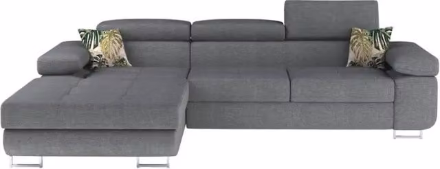Divano angolare convertibile MEUBLORAMA grigio con funzione letto, contenitore e poggiatesta regolabile, struttura in legno e tessuto