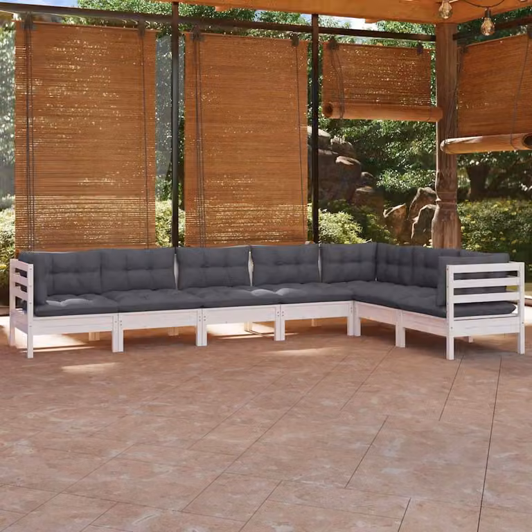 vidaXL Set Divani da Giardino 7 pz in Legno di Pino con Cuscini Bianchi e Antracite Design Moderno a L