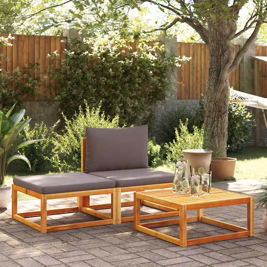 Set di divani da giardino vidaXL in legno di acacia e rattan con cuscini, composto da divano a 2 posti, elemento angolare, pouf e tavolino da caffè, colore marrone e grigio