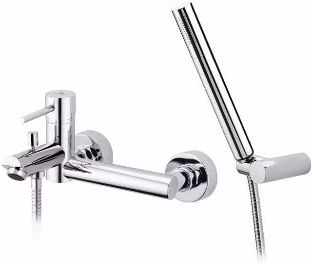 Rubinetto suvi esterno vasca dotato di kit doccia, design tondeggiante raffinato e minimale.
