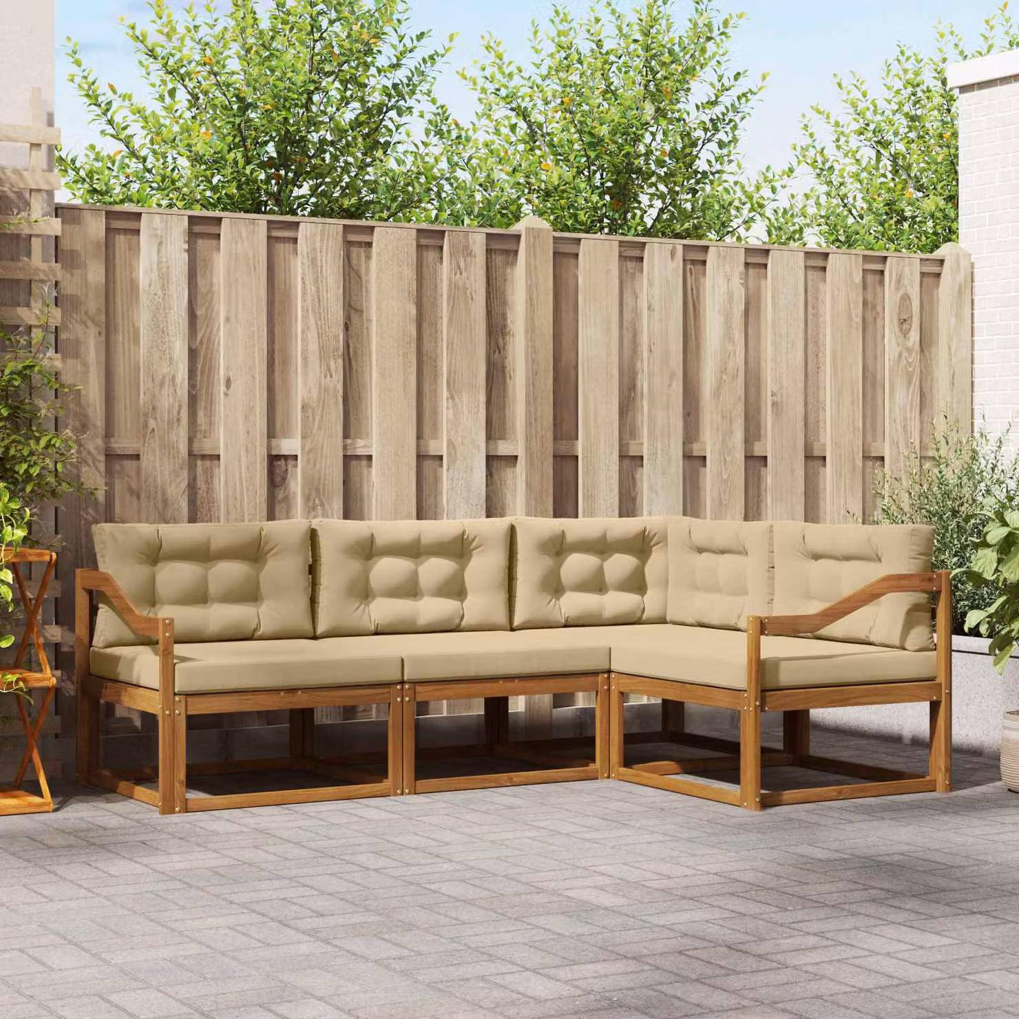 Set di divani da esterno vidaXL a forma di L in legno di acacia con cuscini, 4 pezzi, Beige e Marrone